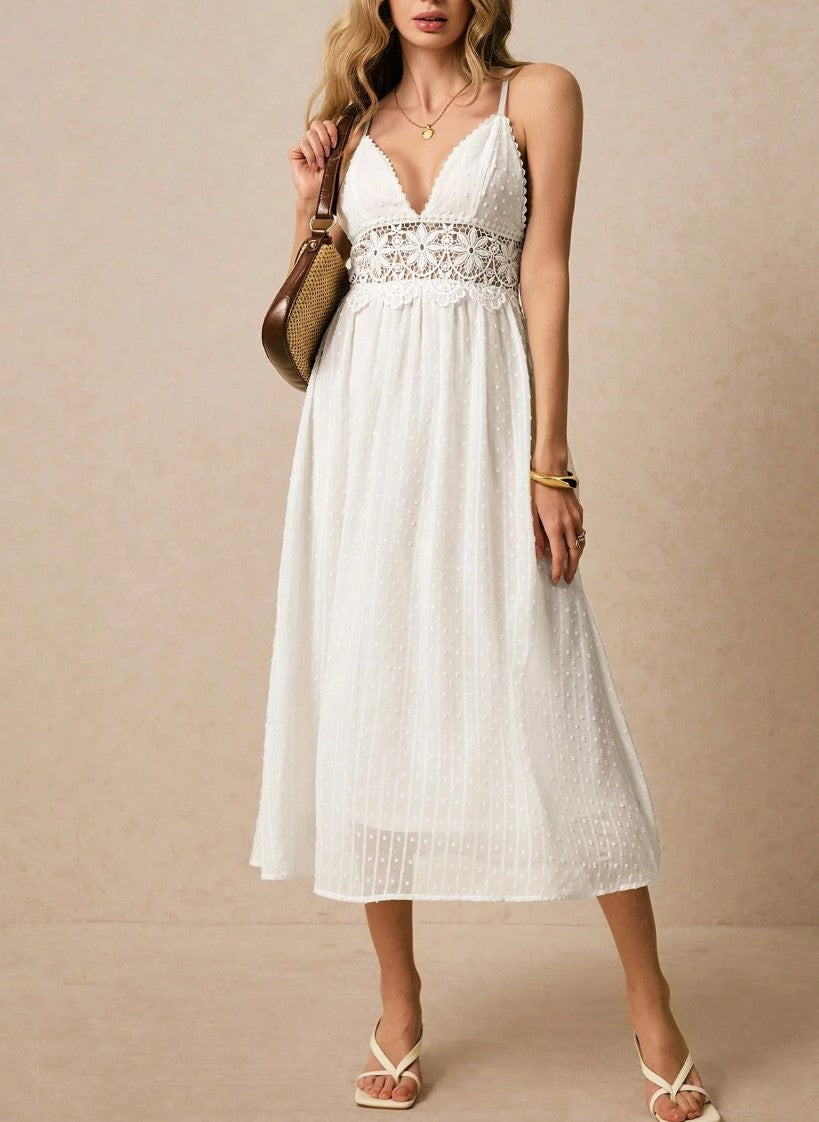 Vestido de Festa Midi branco detalhes em Renda Alcinha boho chique sofisticado elegante verão casamento reveillon