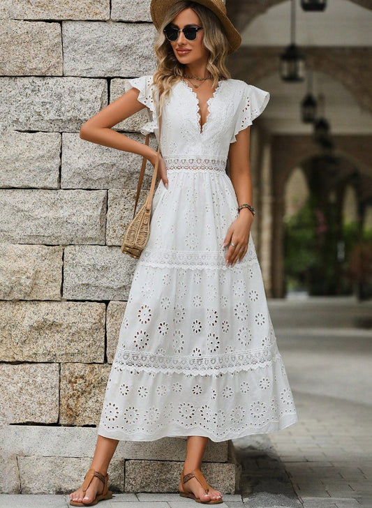 Vestido Midi Boho de Lese Manga Curta branco moda evangelica casual leve algodão