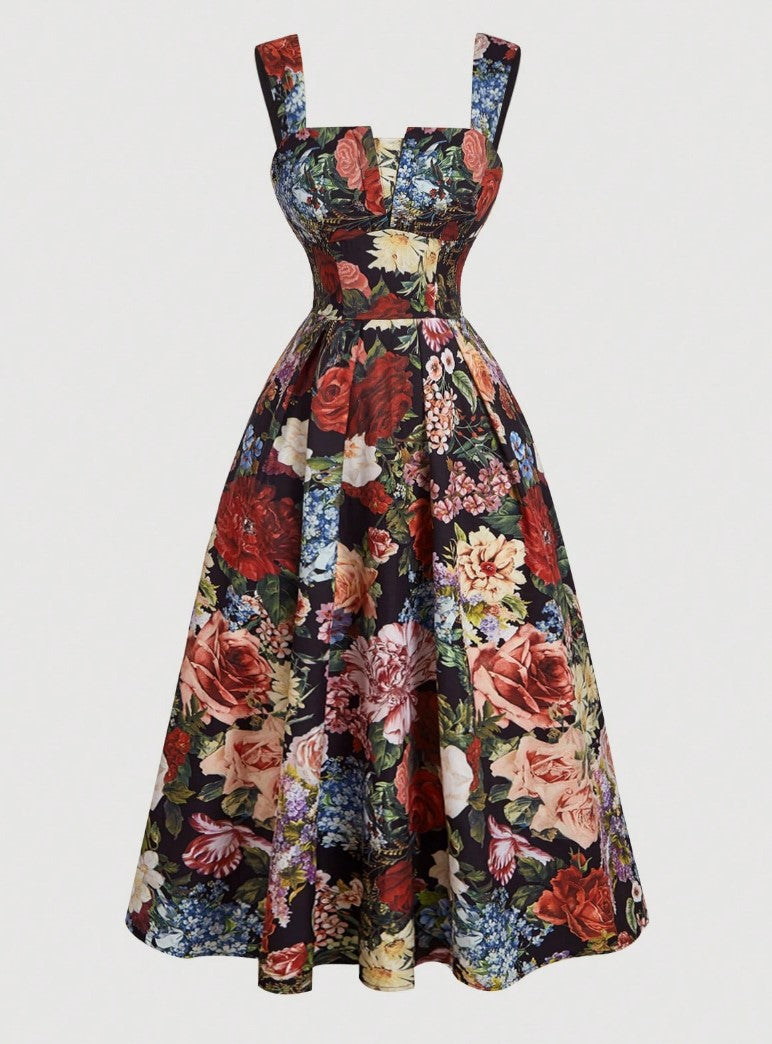 Vestido Retrô Midi Rodado Estampado floral vintage