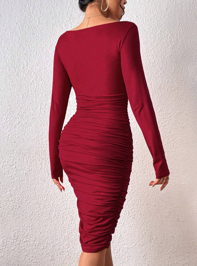 Vestido Tubinho Festa Office Drapeado de Manga longa decotado midi no joelho bordô vermelho vinho