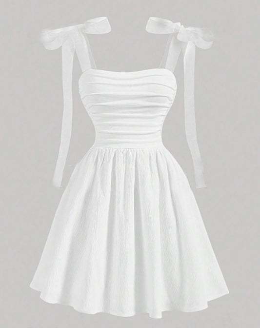 Vestido de Festa Curto Alças com laços branco verão Romântico juvenil