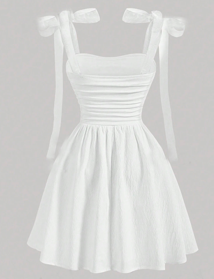 Vestido de Festa Curto Alças com laços branco verão Romântico juvenil