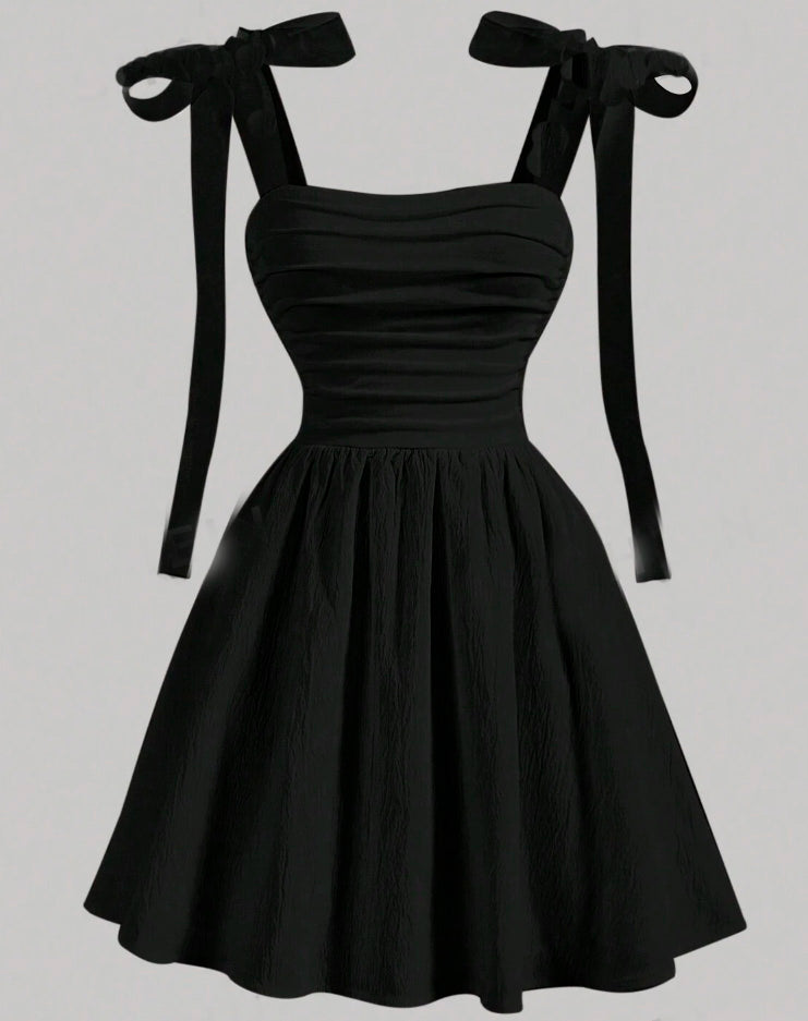 Vestido de Festa Curto Alças com laços preto verão Romântico juvenil