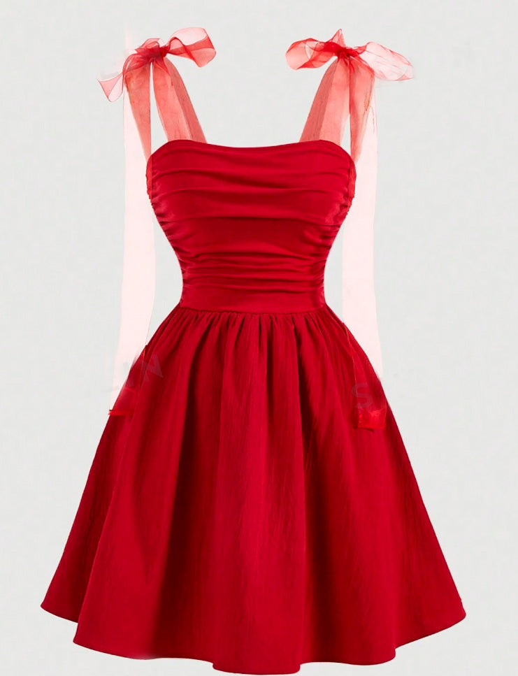 Vestido de Festa Curto Alças com laços vermelho verão Romântico juvenil