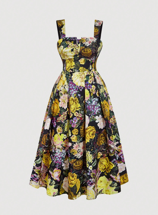 Vestido Retrô Midi Rodado vintage longo verão floral estampado plus size gordinha amarelo