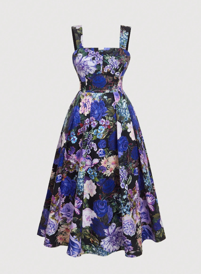 Vestido Retrô Midi Rodado vintage longo verão floral estampado plus size gordinha azul