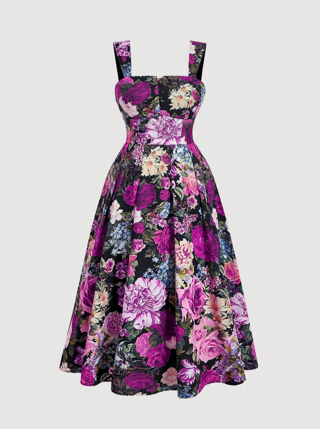 Vestido Retrô Midi Rodado vintage longo verão floral estampado plus size gordinha fúcsia lilás violeta