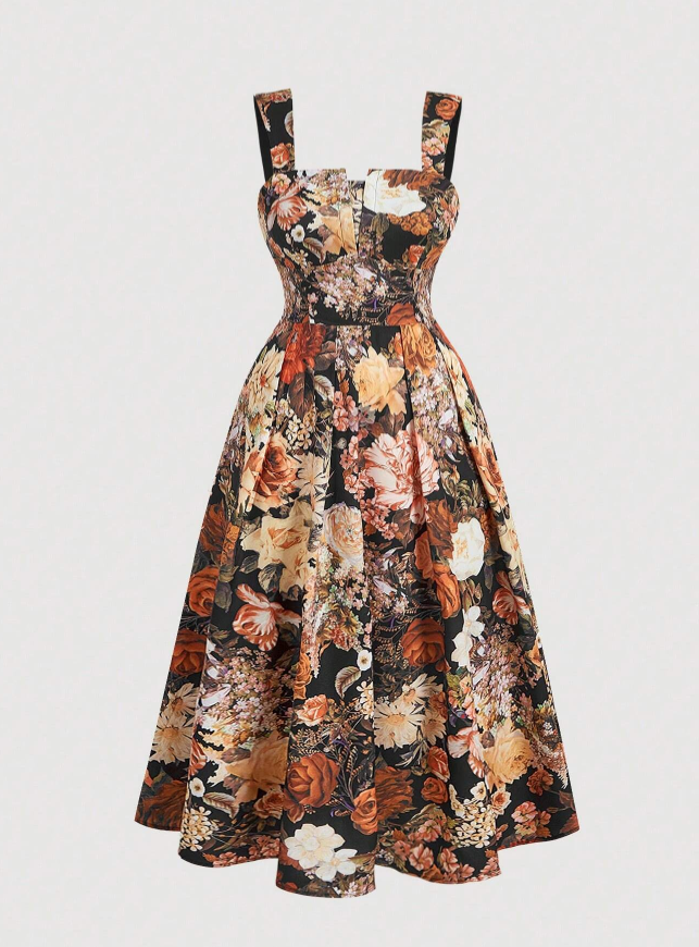 Vestido Retrô Midi Rodado vintage longo verão floral estampado plus size gordinha laranja