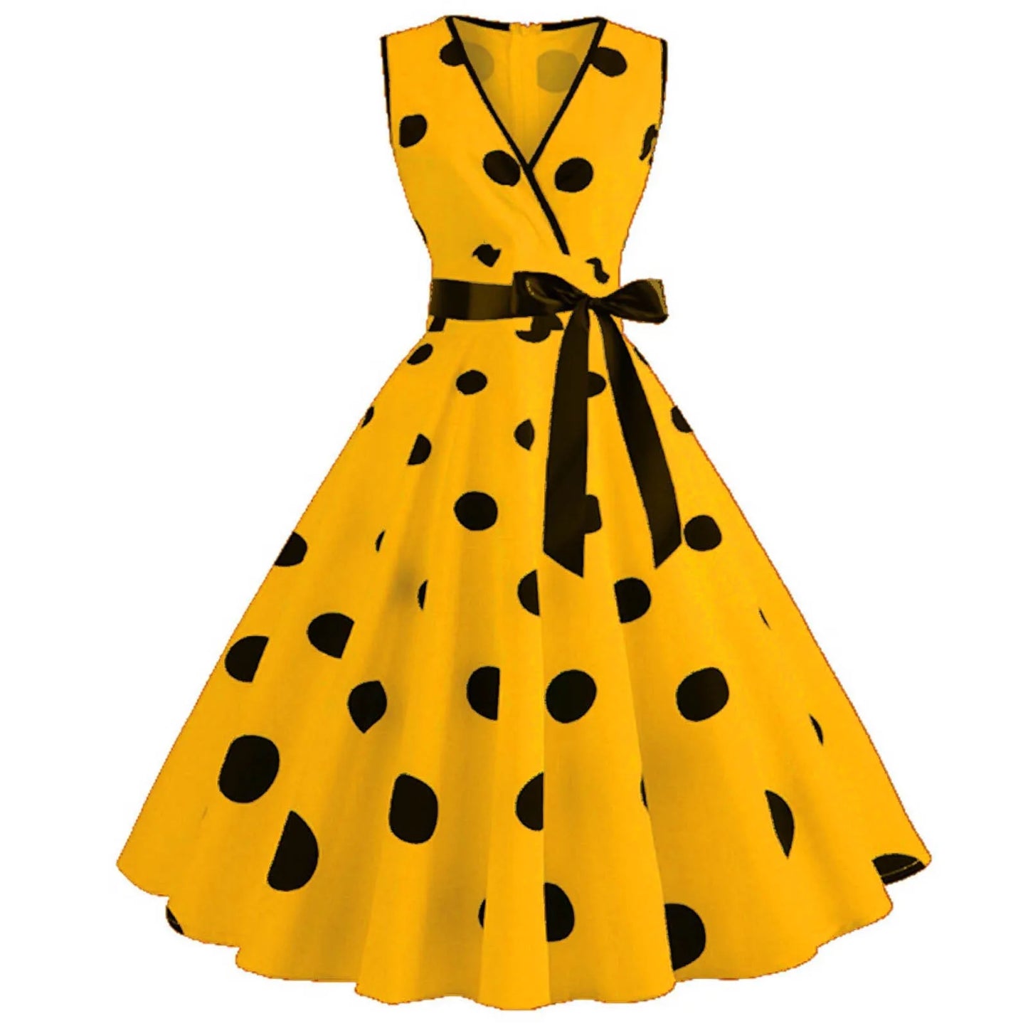 Vestido Retrô Midi Rodado Plus Size Regata de Bolinha amarelo