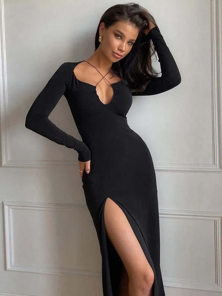 Vestido de Festa Decote Cruzado Midi Fenda lateral preto