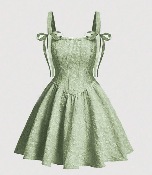 Vestido de Festa Princesa Jacquard Laços Alça Fina corset vintage retrô verde claro