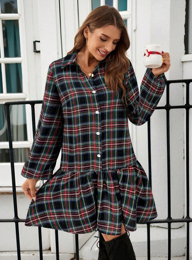 Vestido Xadrez Curto de Manga Flanela chemise preto