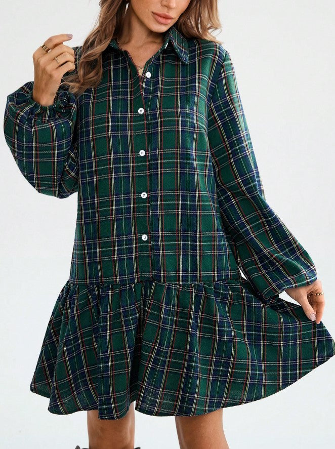 Vestido Xadrez Curto de Manga Flanela chemise verde