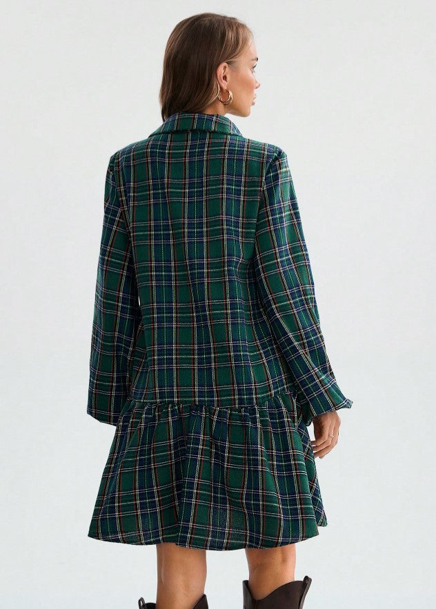 Vestido Xadrez Curto de Manga Flanela chemise verde