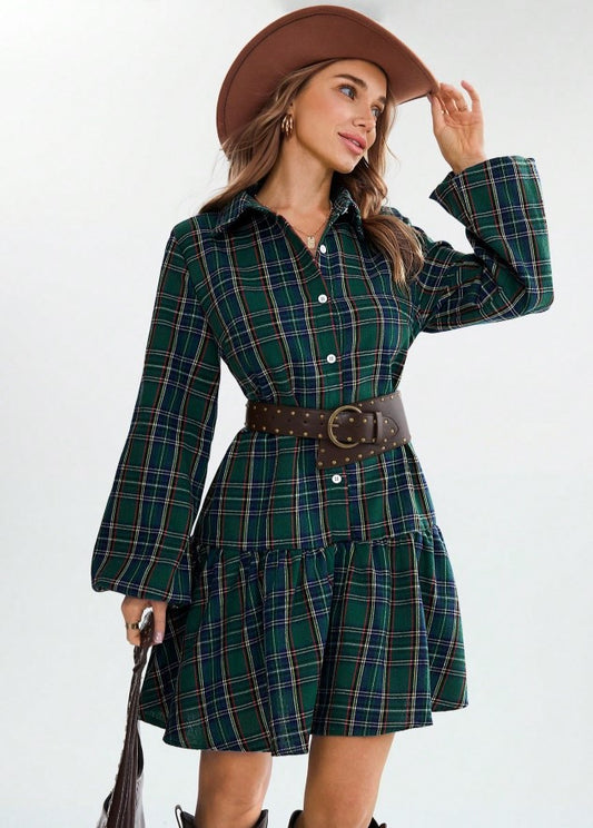 Vestido Xadrez Curto de Manga Flanela chemise verde