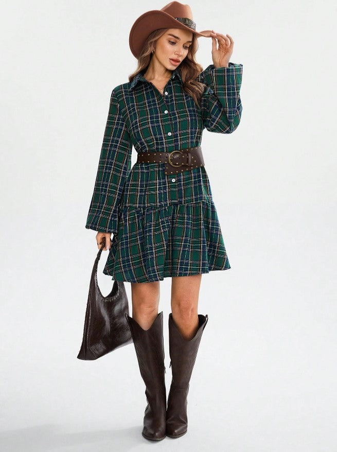 Vestido Xadrez Curto de Manga Flanela chemise verde