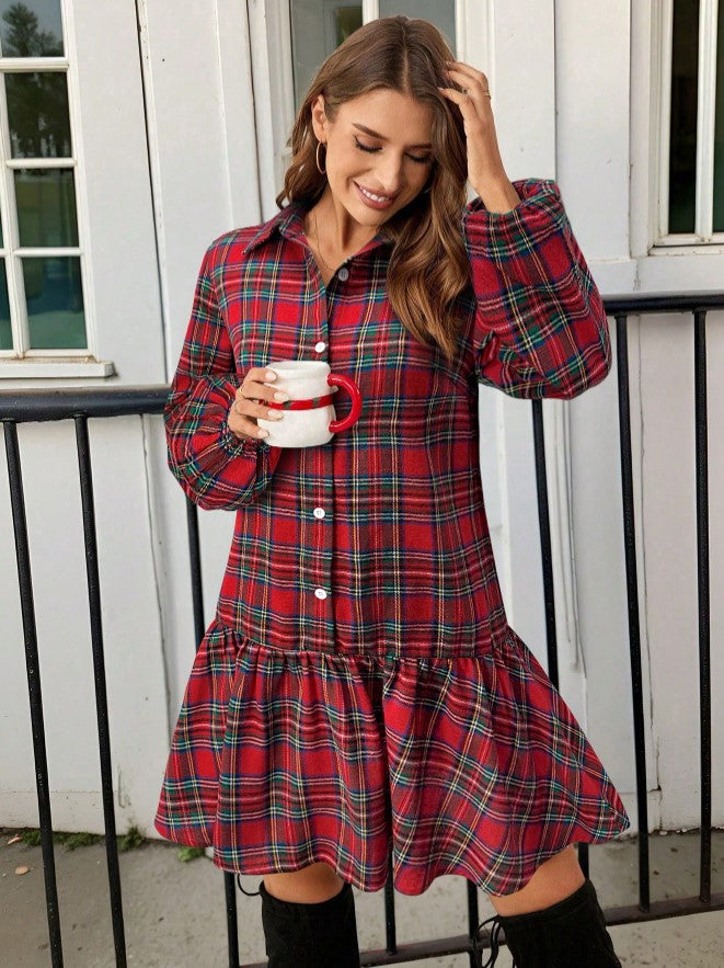 Vestido Xadrez Curto de Manga Flanela chemise vermelho