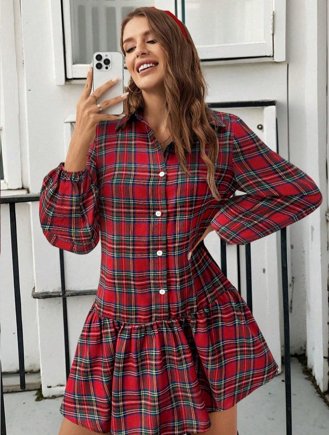 Vestido Xadrez Curto de Manga Flanela chemise vermelho