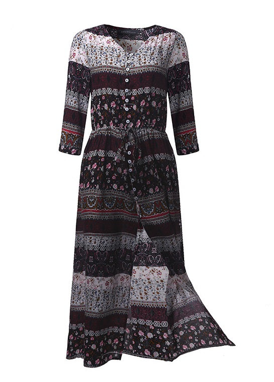 Vestido Longo Boho Western Estampado de Manga