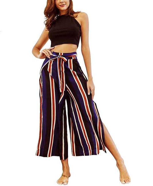 Calça Pantalona Azul Listrada c/Fendas Laterais - Loja Style Me