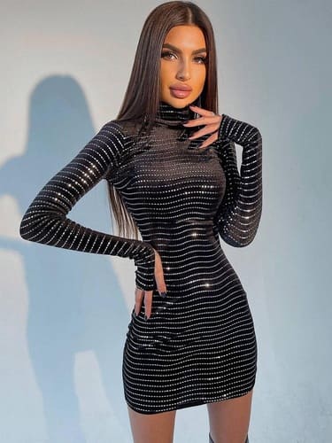 Vestido de Festa CURTO PRETO Glitter Manga Longa Gola Alta