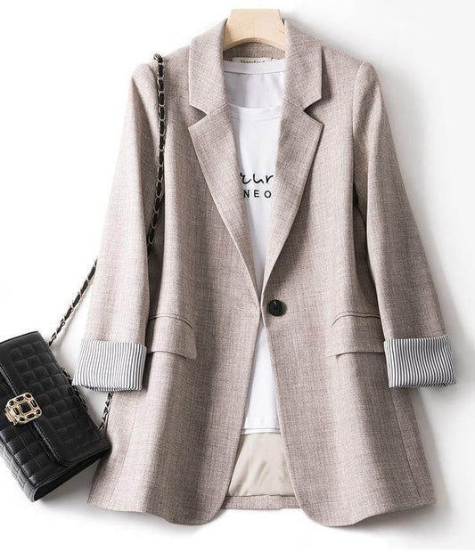 Blazer Longo Botão Manga Listrada alfaiataria linho bege