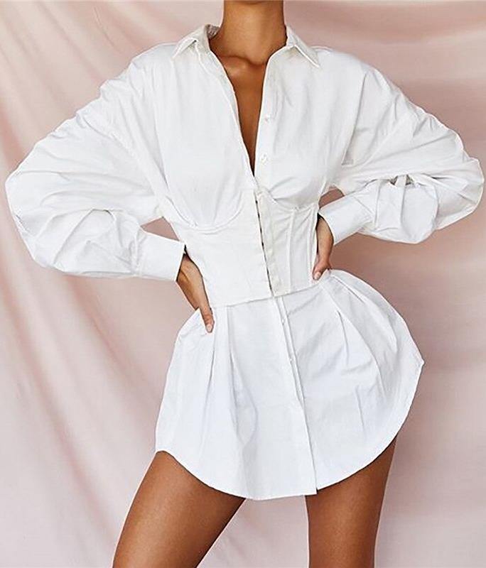 Vestido Blusão Camisaria Branco Manga Bufante Acinturado