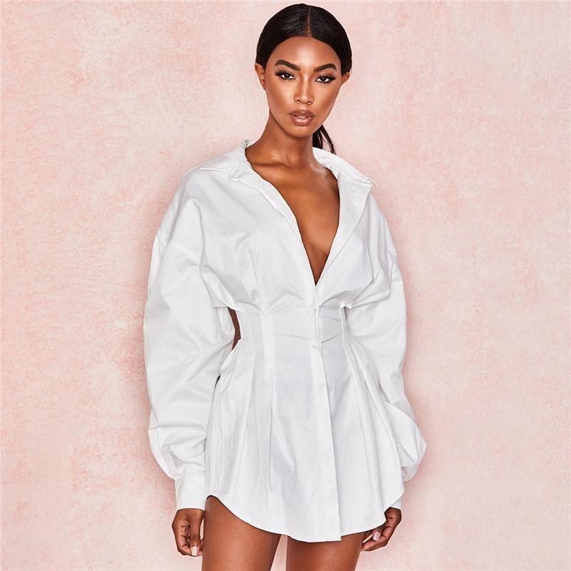 Vestido Blusão Camisaria Branco Manga Bufante Acinturado