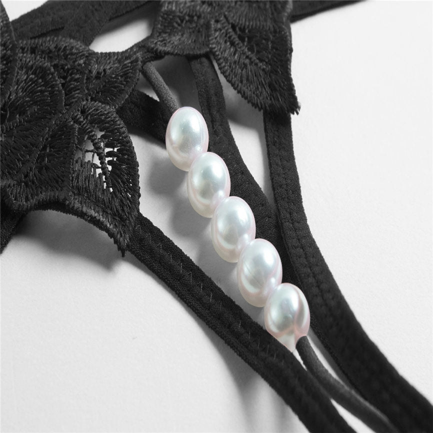 calcinha erótica pérolas vazada fio dental preta