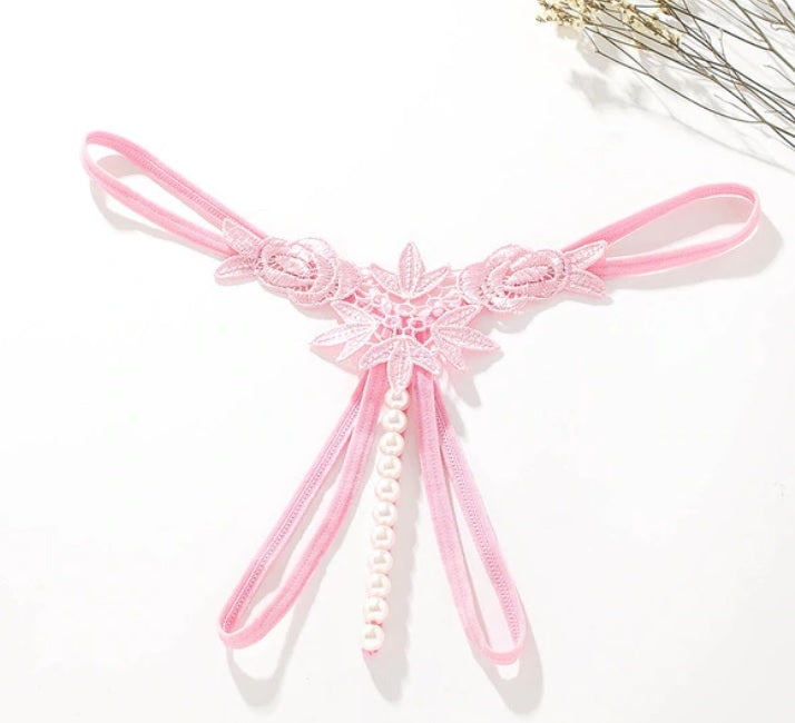 calcinha erótica pérolas vazada fio dental rosa clara