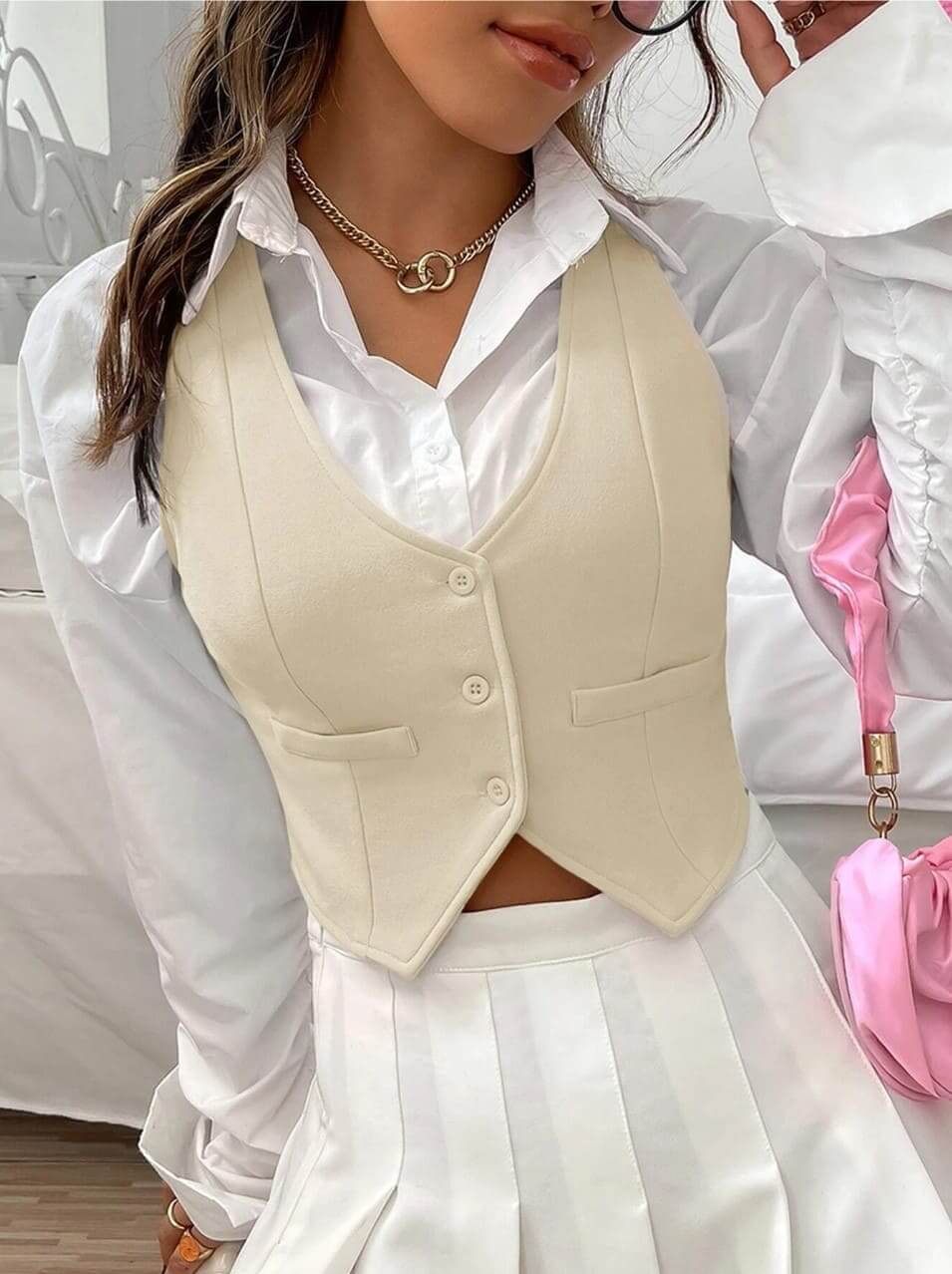 Colete Alfaiataria Curto de Botões Cores