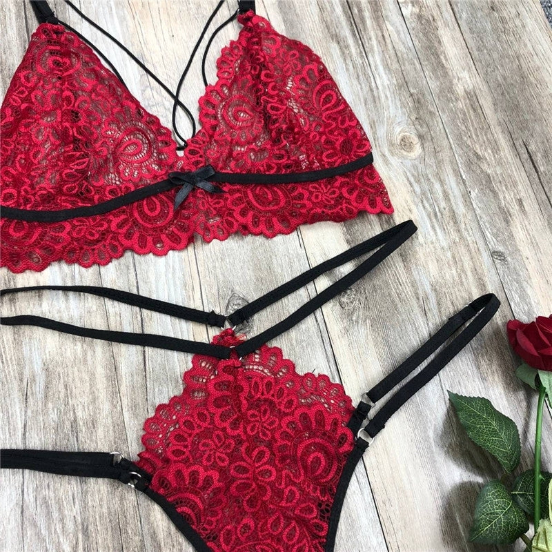 Conjunto Lingerie Strappy de Renda com tiras transparente sexy vermelho