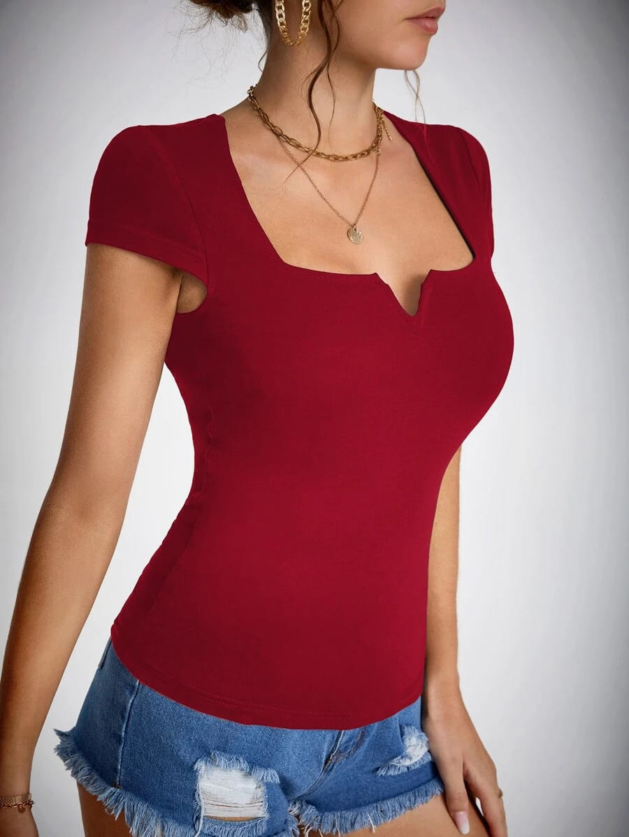 Cropped Colado Manga Curta Decote V, PP, P, M, G, GG, Vermelho