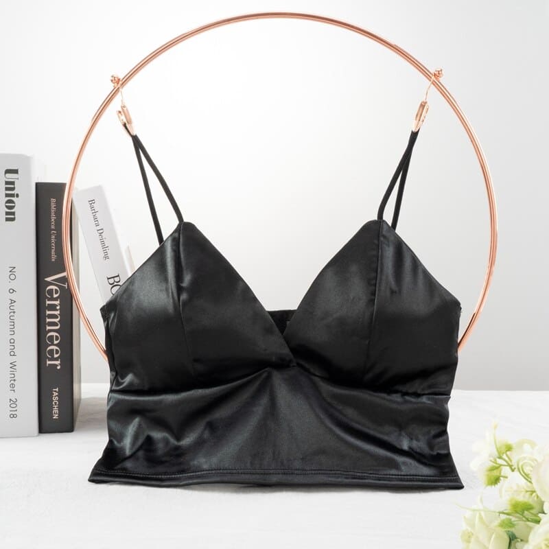 cropped de cetim alcinha verão com bojo removível brilhante brilhoso sexy sensual liso decote decotado ajustável elástico sutian sutiã top bralette lingerie seda preto