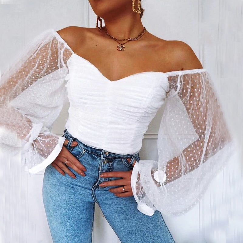 Cropped de Renda Poá Manga Princesa rosé branca