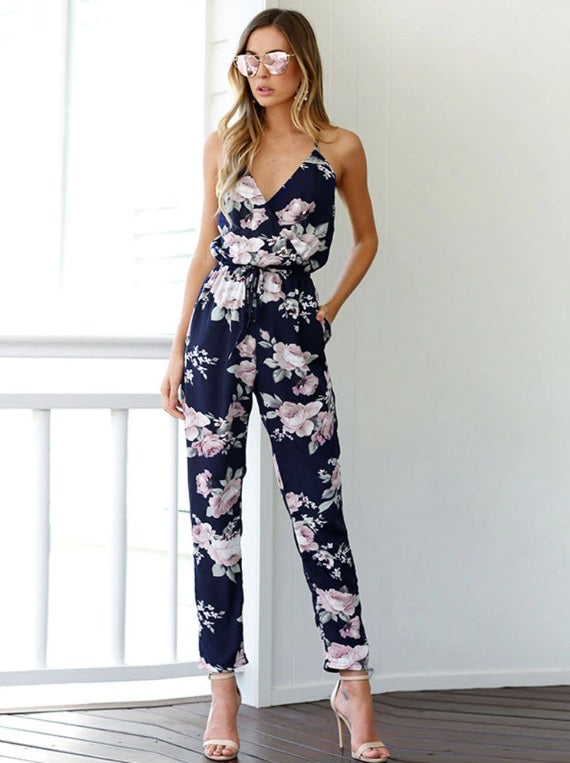 Macacão Floral Alça Fina Costas Nuas