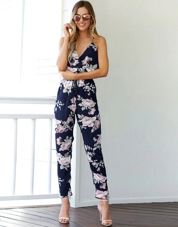 Macacão Floral Alça Fina Costas Nuas