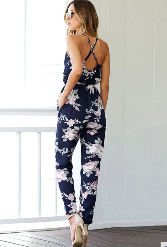 Macacão Floral Alça Fina Costas Nuas