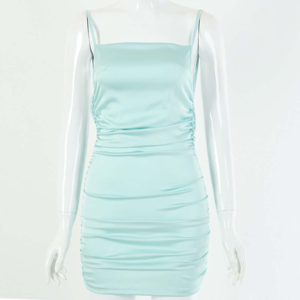 Vestido Mini de Festa Verde Água Cetim Drapeado Sexy