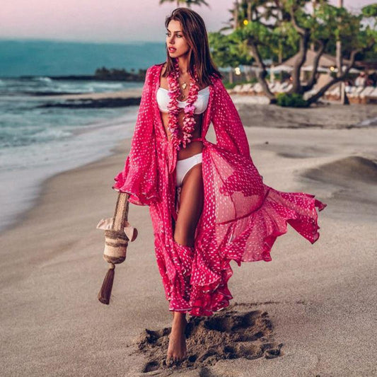Saída de Praia Longa Rosa Pink Poá Estampada Kimono