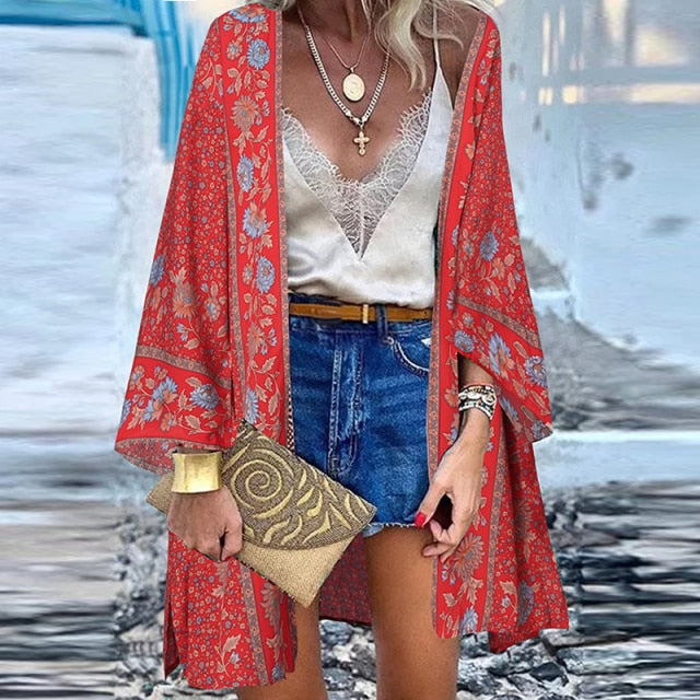 Kimonos Boho Estampados vermelho