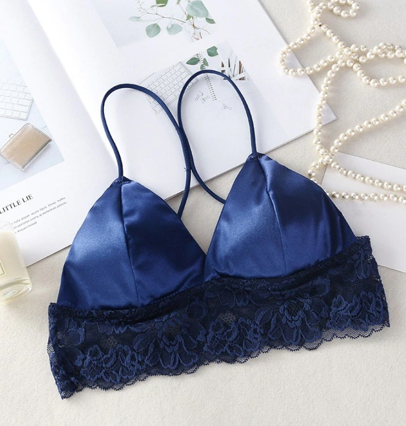 sutiã cropper Bralette de cetim com renda azul safira