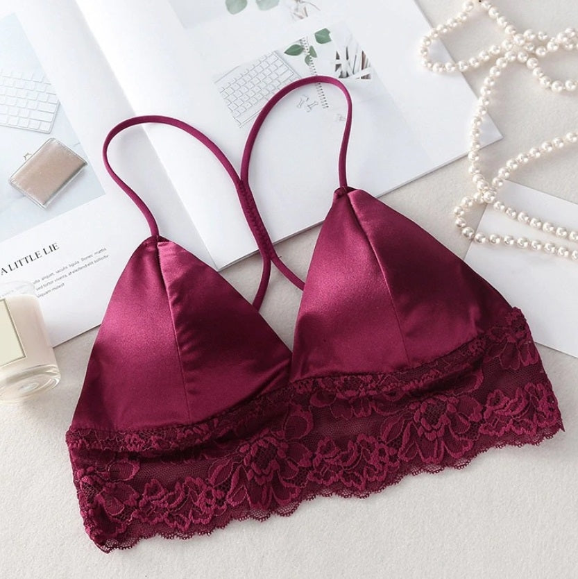 sutiã cropper Bralette de cetim com renda vinho