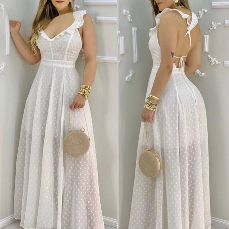 vestido de festa longo tule poá decote de babado fenda estampado poá bolinha elegante verão acinturado costas nuas transparente amarração branco