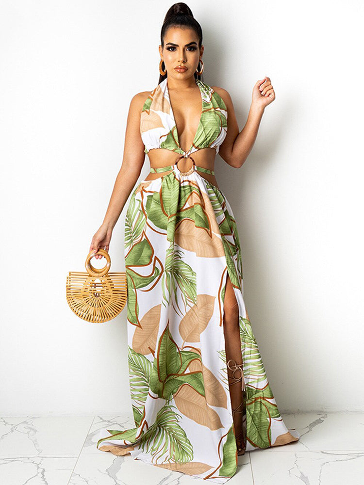 Vestido Longo Vazado Amarrações Decote Profundo Estampado