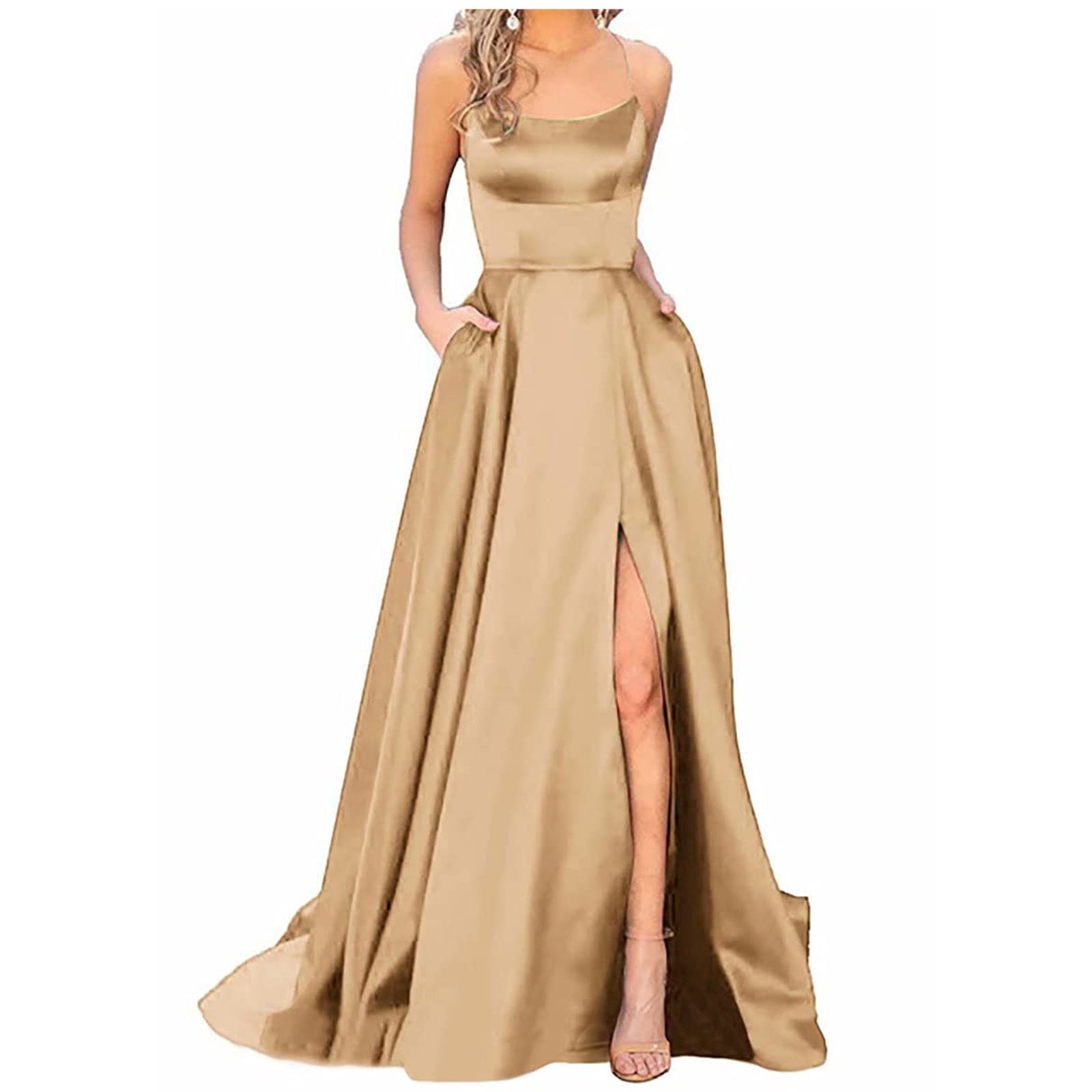 Vestido Longo de Festa de Cetim Fenda Casamento Formatura, PP, P, M, G, GG, 2G, Dourado slip dress