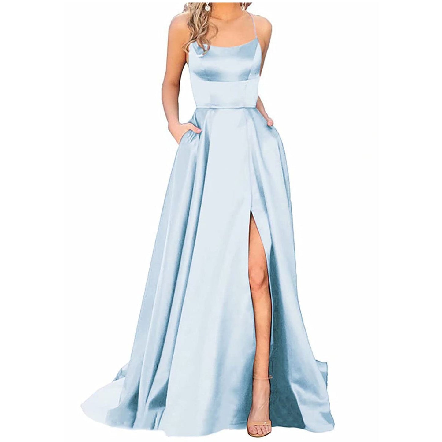 Vestido Longo de Festa de Cetim Fenda Casamento Formatura, PP, P, M, G, GG, 2G, Azul Claro cauda