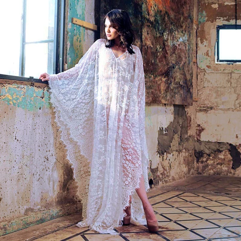 Vestido Longo de Renda Transparente Mangas Morcego, P, M, G, GG, Branco