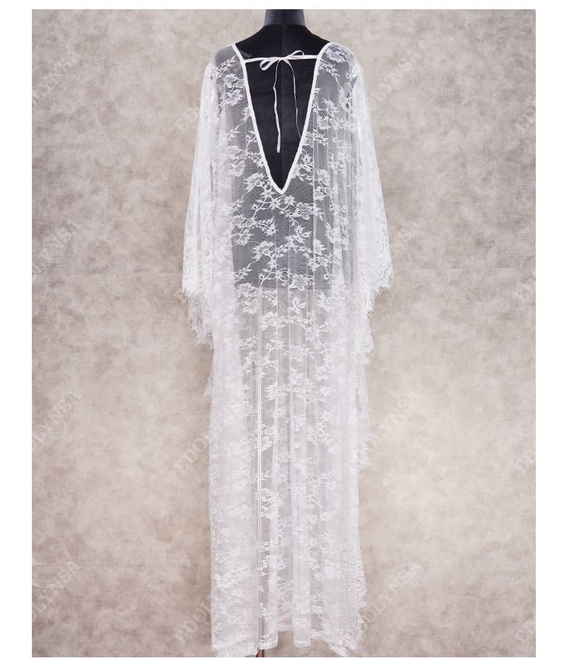 Vestido Longo de Renda Transparente Mangas Morcego, P, M, G, GG, Branco