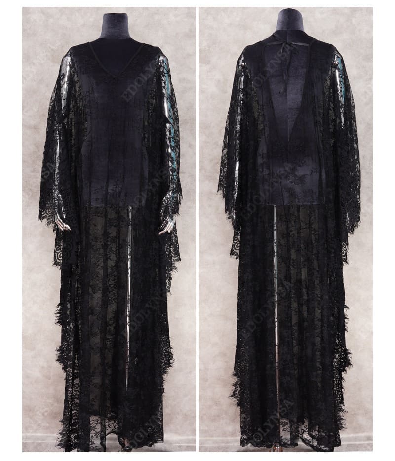 Vestido Longo de Renda Transparente Mangas Morcego, P, M, G, GG, Preto